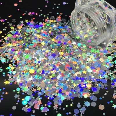 Otros suministros navideños Corte a presión Impresión holográfica de plata Chunky Glitter con mezclas de estrellas