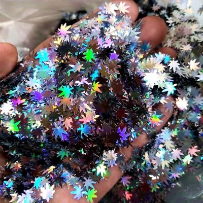 OEM Stock Poliéster Holográfico Plata Marahuana Hoja Brillante Formas de Fiesta Formas de ventaja Stock OEM ventaja de la fiesta